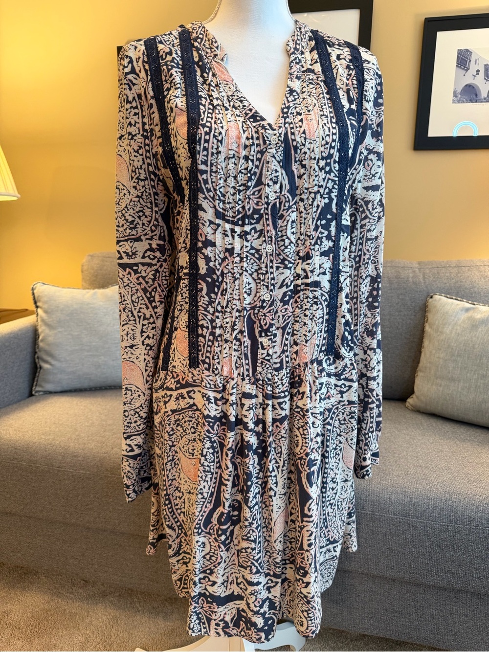 TINY Pink Navy Geo Paisley Print Long Sleeve shift dress